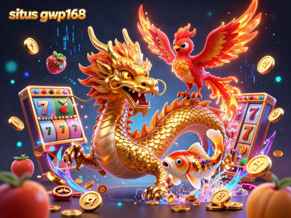 Slot GWP168 dengan naga emas dan burung phoenix terbang membawa keberuntungan.