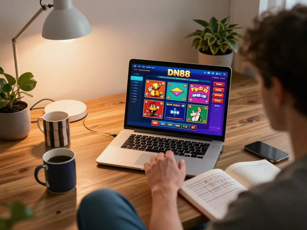 Engaged player using DN88 online gaming platform at home for strategic bets
