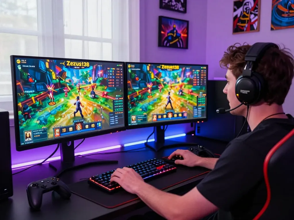 Player engaging with Zeus138 online slots action, dual monitors showcasing colorful gameplay and RTP stats, modern gaming setup.