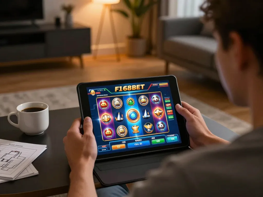 Engaging in online gameplay on F168BET mobile device with vibrant game interface and strategy notes.