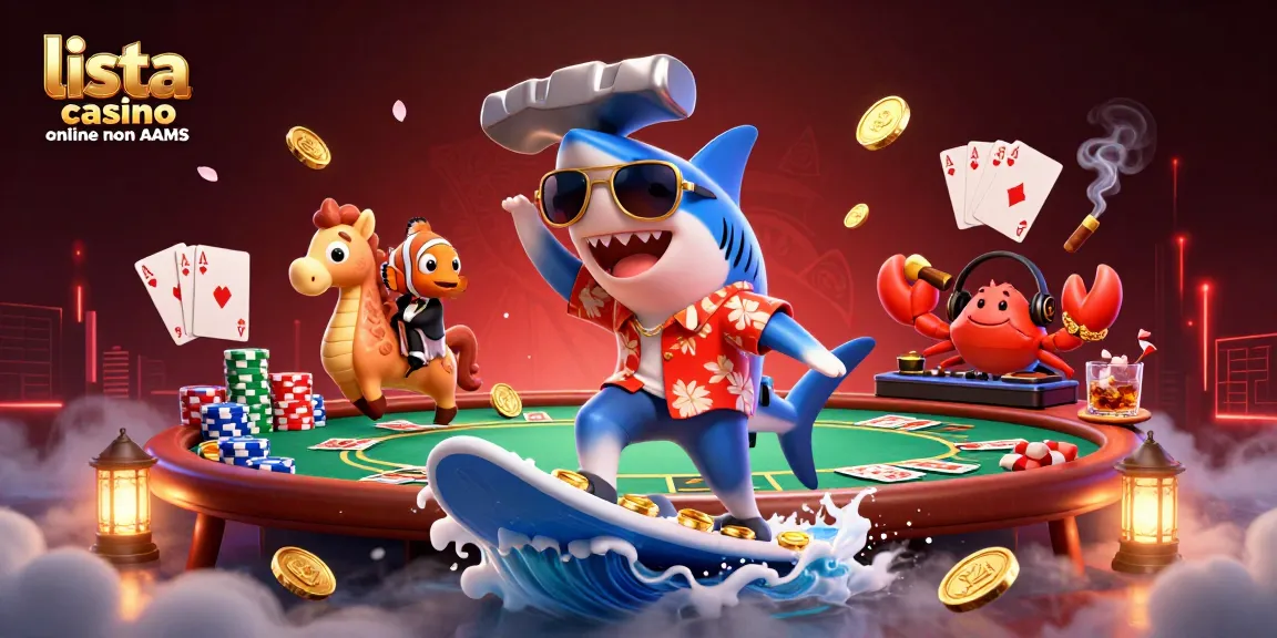 Scopri il vivace mondo della lista casino online non AAMS, con uno squalo giocoso e un cavalluccio marino immersi nell'emozione del poker.