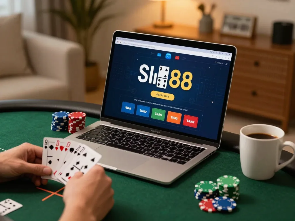 Engaging with domino88 poker online in a cozy home setting, showcasing strategic gameplay.