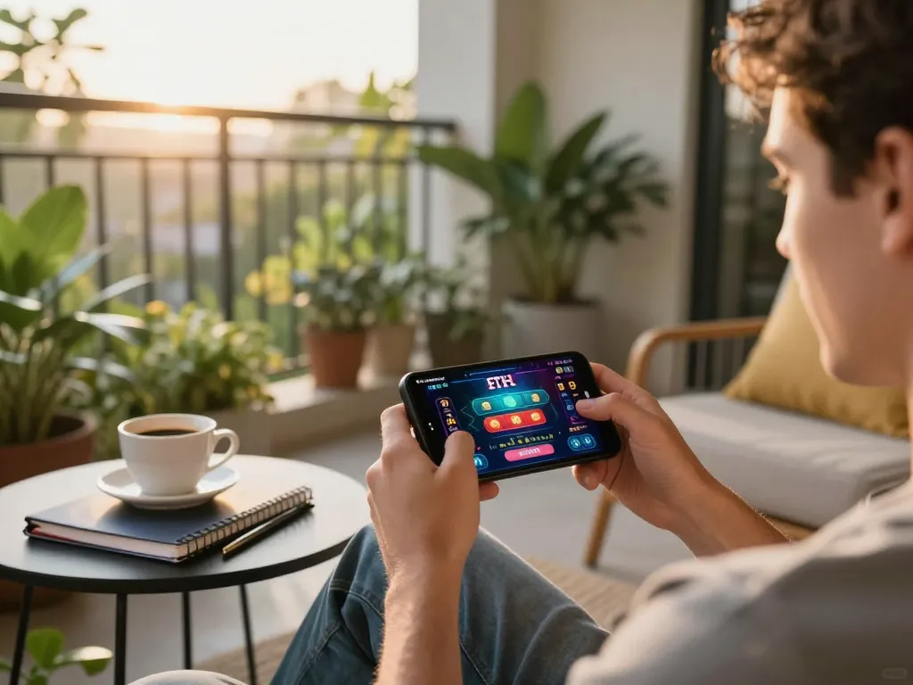 Engaging in ETH casino gameplay on a smartphone in a cozy balcony setting, immersed in responsible online gaming.