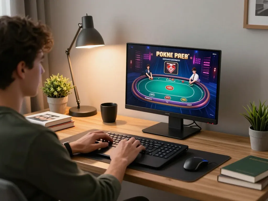Engaging poker gameplay on ku88 online casino platform in a stylish home office