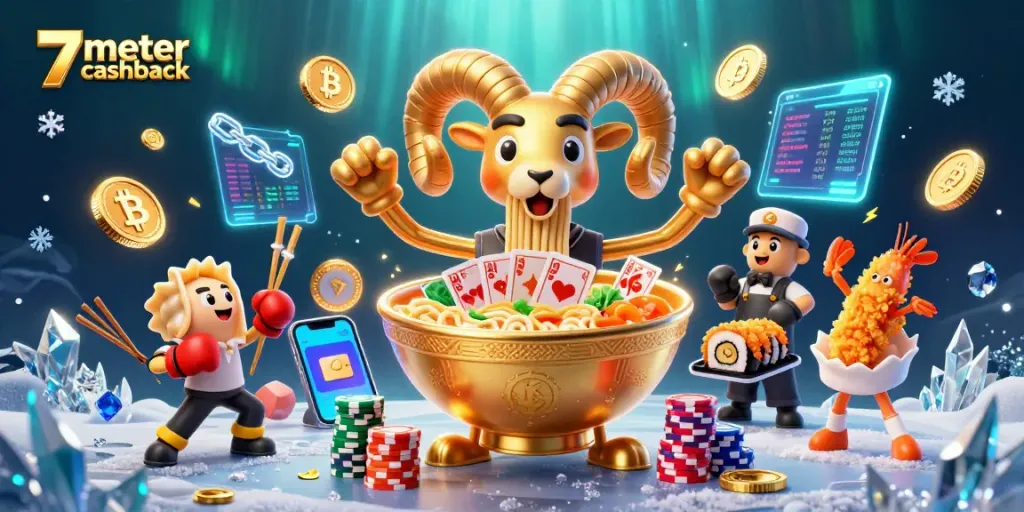 Engage with 7meter cashback as characters deal cards and stack chips in a vibrant casino scene.