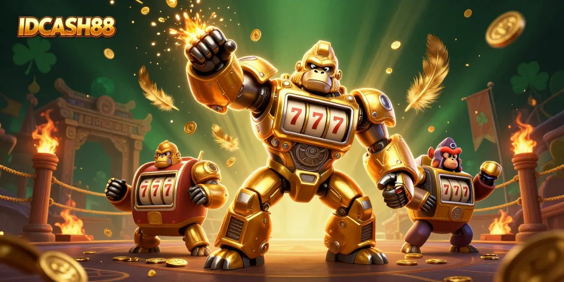 Experience thrilling gaming with IDCASH88's vibrant slot machine mech and dynamic casino elements.