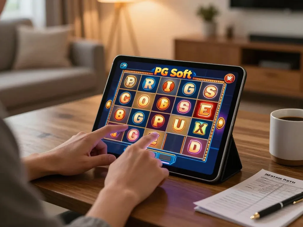 Terlibat dalam slot Demo PG Soft di tablet dalam suasana rumah yang nyaman sambil menikmati sesi permainan.