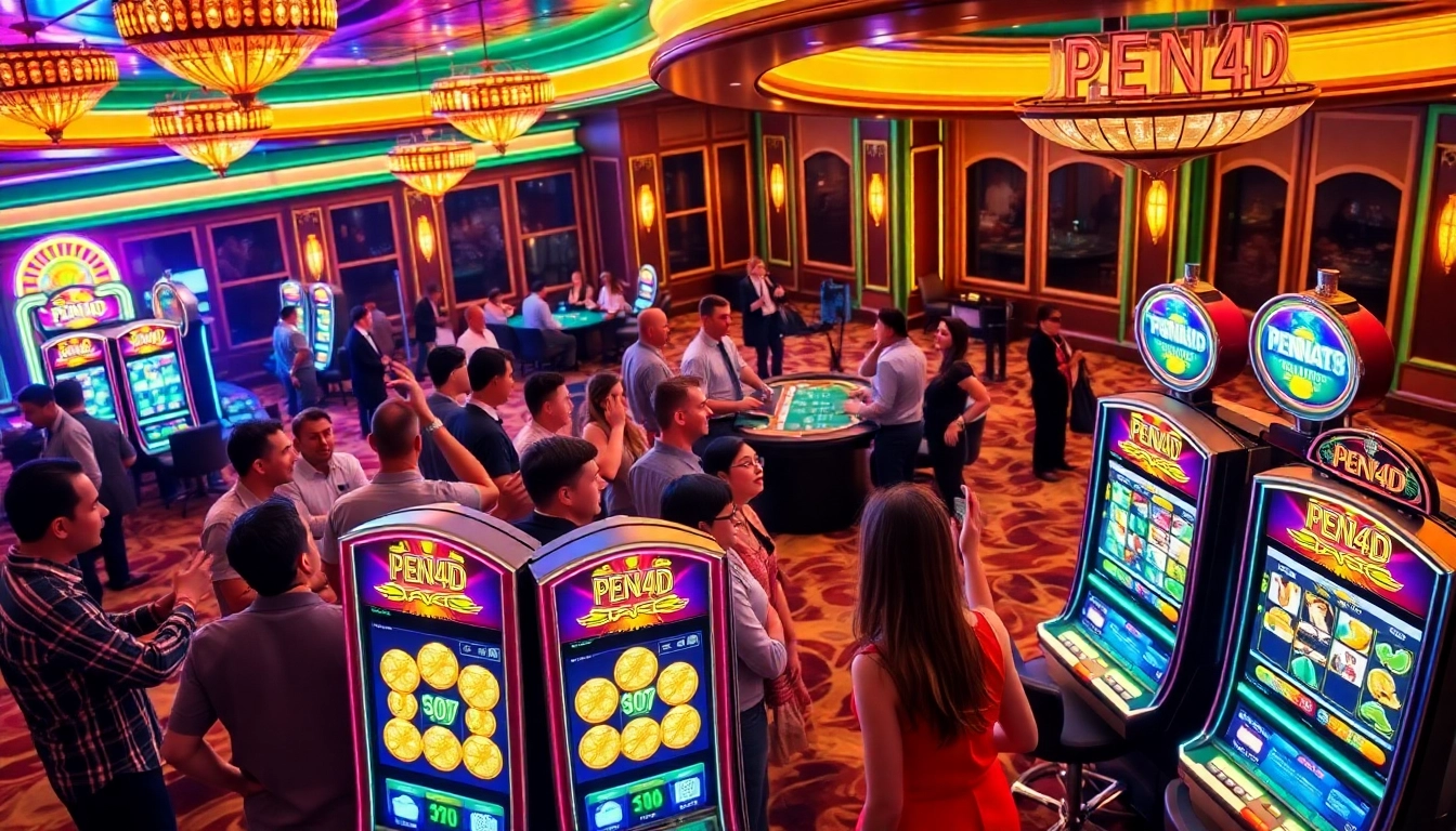 Players engaging with PEN4D slot machines in a luxurious casino showcasing excitement and high stakes.