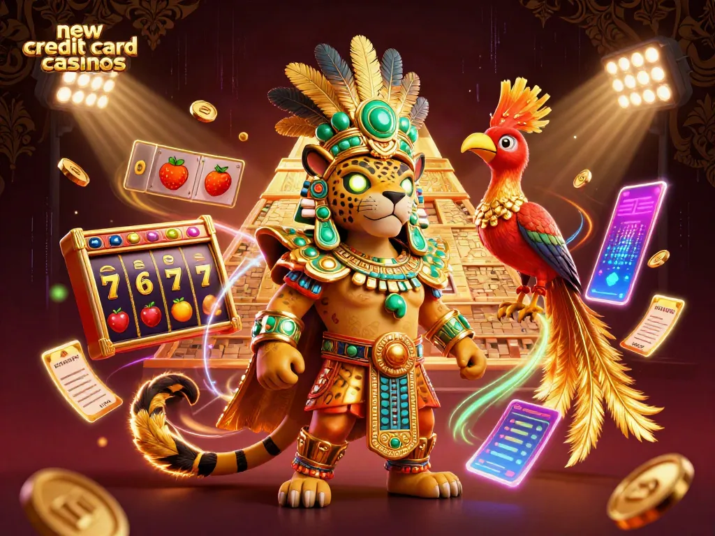 Experience the excitement of new credit card casinos with vibrant 3D gaming elements, slot reels, and dynamic characters.