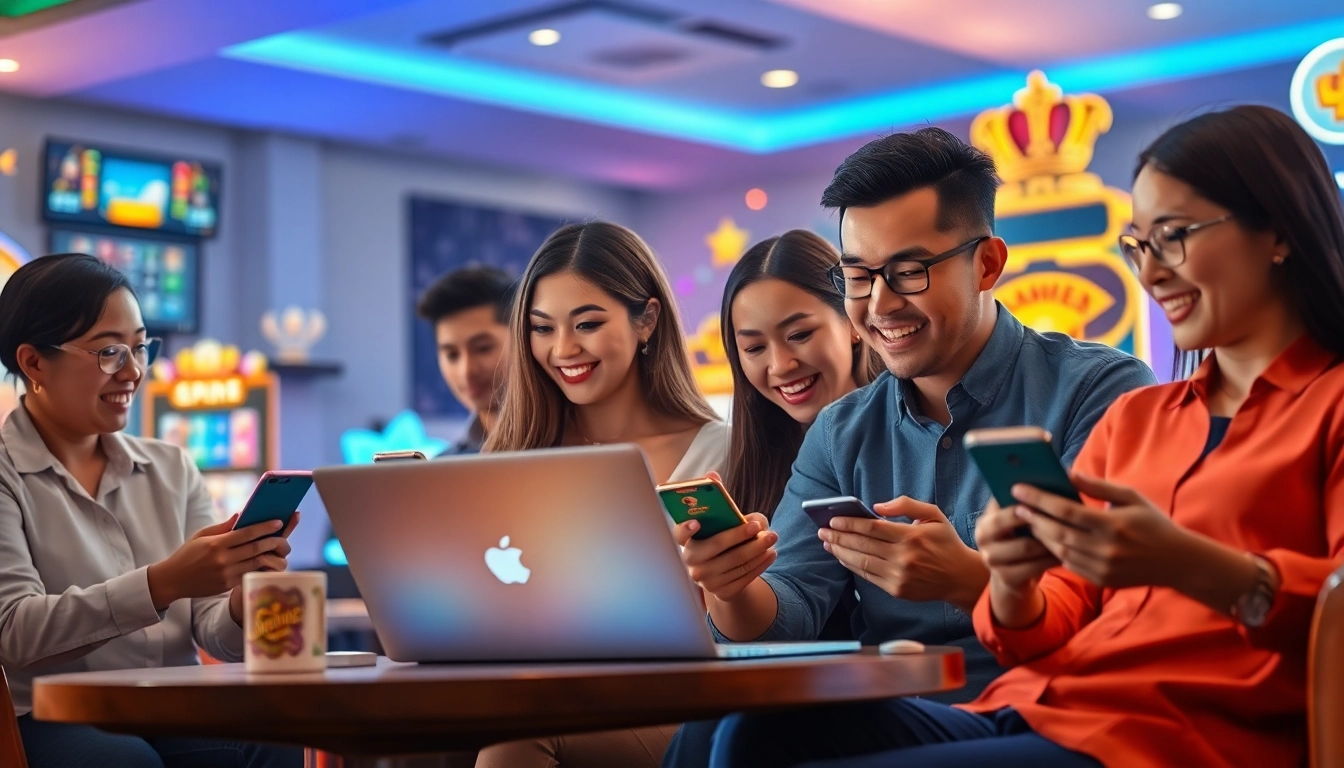 Vibrant gaming scene showcasing players enjoying Go88 platform on mobile devices and laptops.