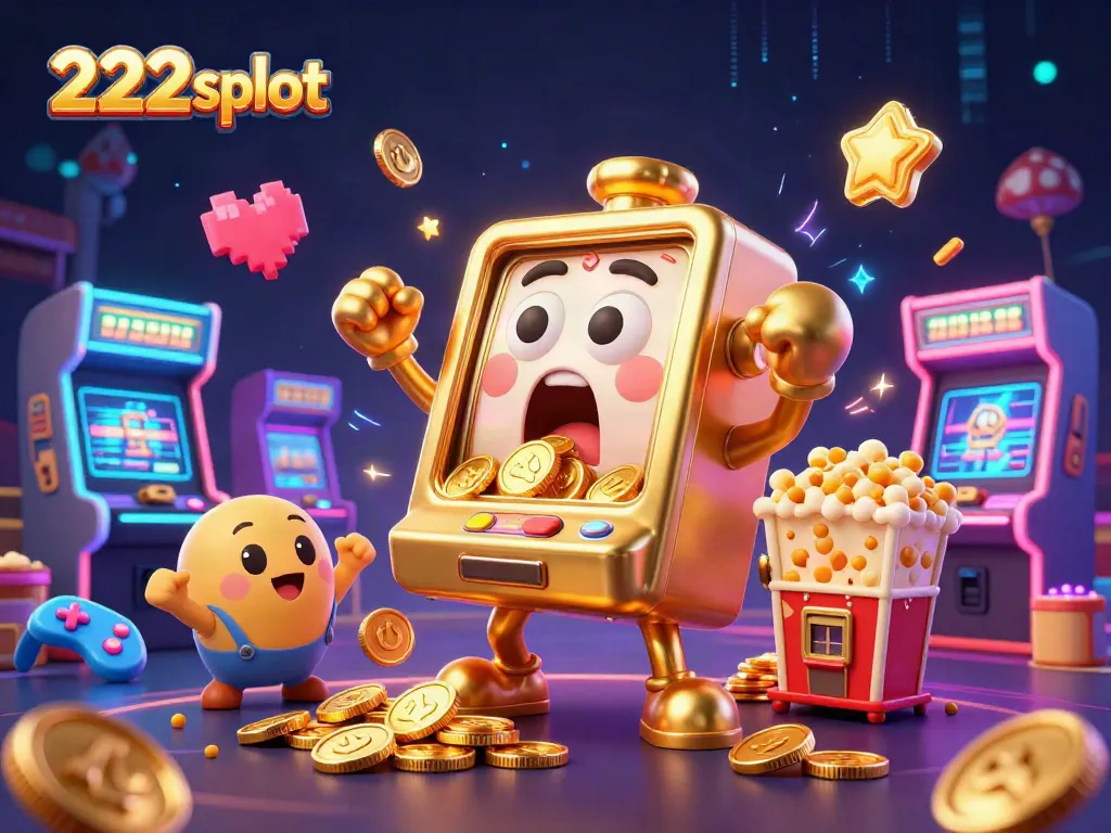 Mesin slot 222slot merayakan jackpotnya dengan koin berjatuhan di tengah kerumunan mesin slot kecil bersorak, dalam suasana kasino yang ceria.