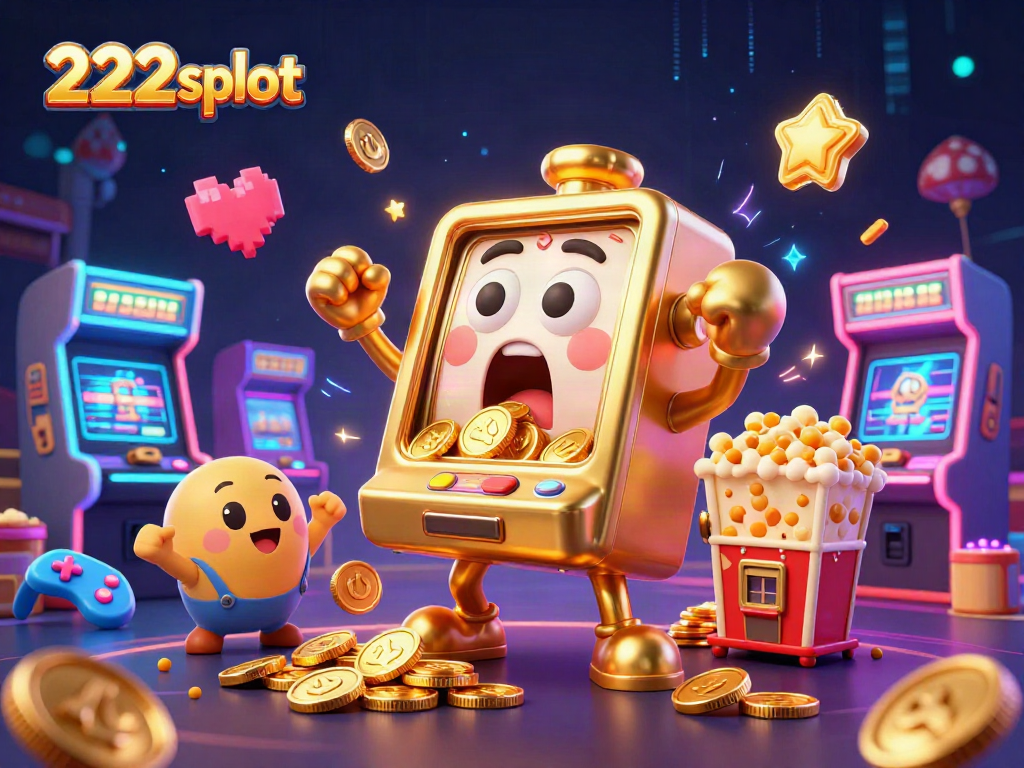 Mesin slot 222slot merayakan jackpotnya dengan koin berjatuhan di tengah kerumunan mesin slot kecil bersorak, dalam suasana kasino yang ceria.