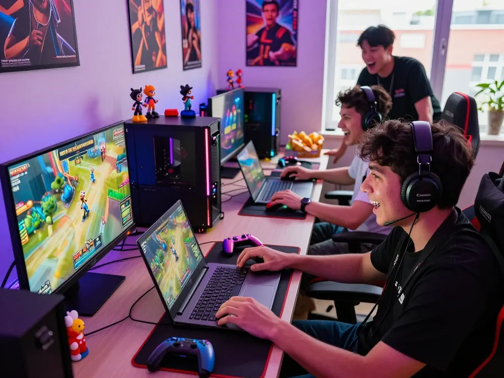 Excited players enjoying SLOT GACOR in a vibrant gaming scene with colorful consoles.