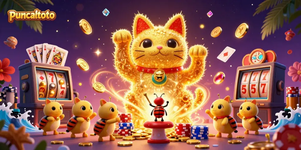 Gambaran visual dinamis puncaktoto dengan kucing keberuntungan, simbol permainan, dan chip berwarna-warni.