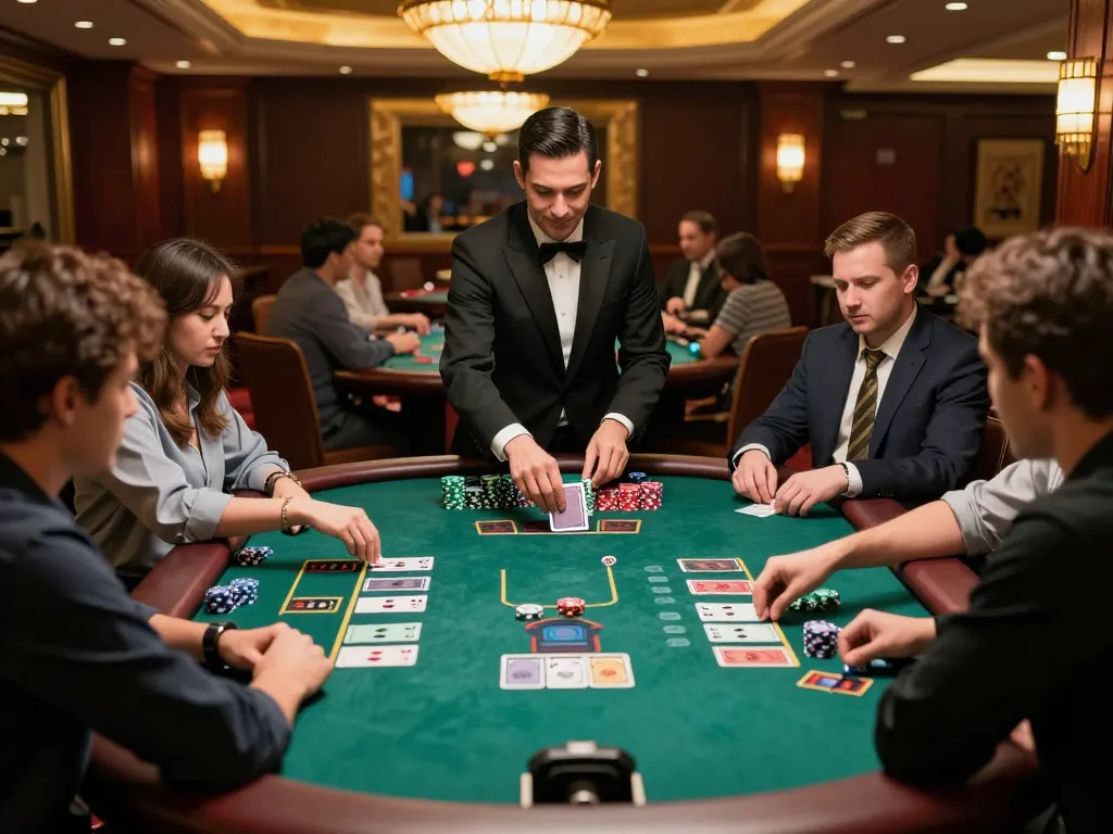 Players engaging in strategic blackjack gameplay at a F168 casino table with vibrant ambiance.