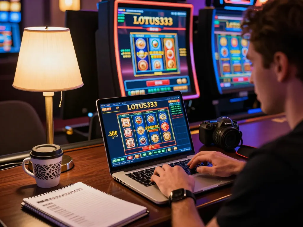 Engaged player enjoying LOTUS333 online gaming with vibrant casino graphics.
