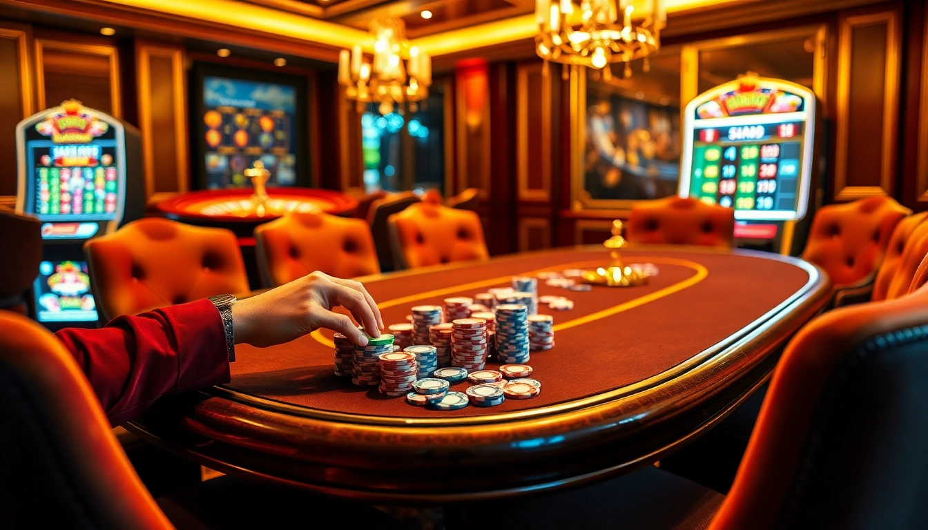 Experience the thrill of game bài đổi thưởng with colorful poker chips and cards at a luxurious casino table.