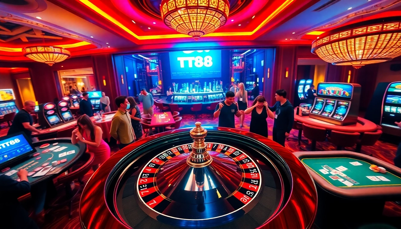 Engaged players experiencing the thrilling atmosphere of TT88 casino with vibrant gaming elements.