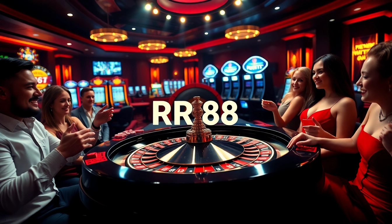 RR88 players strategizing and enjoying a luxurious casino atmosphere with roulette and poker elements.