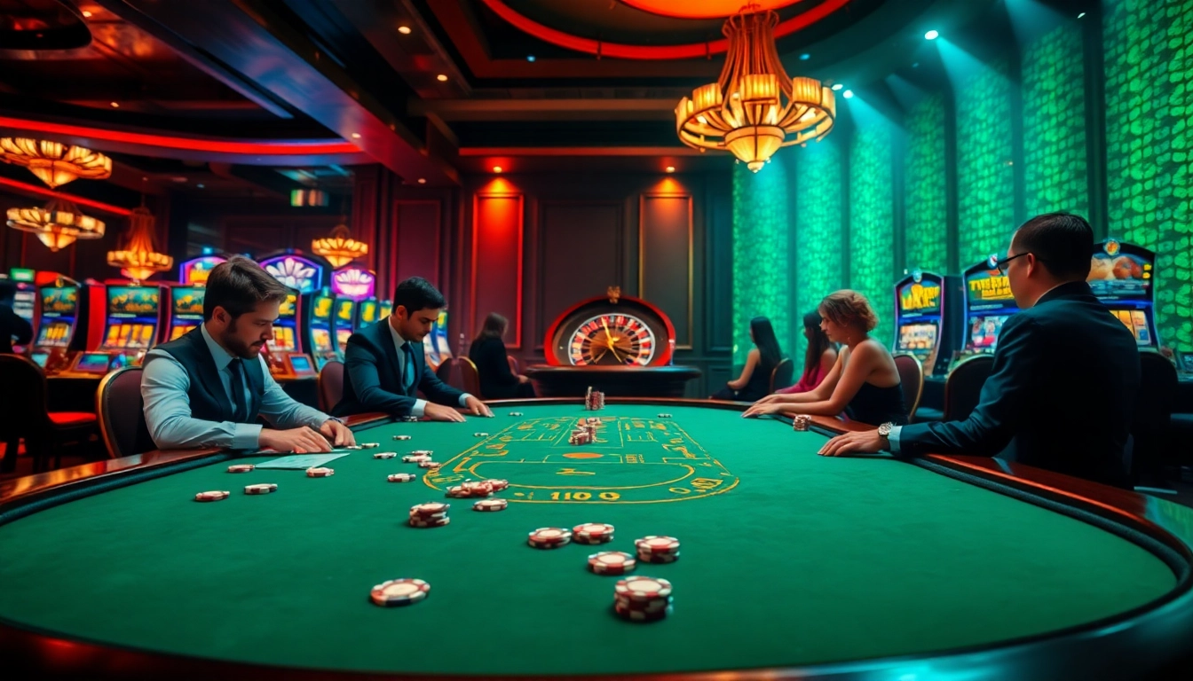 Experience the thrill of gambling at https://nk88vip.it.com/ with a luxurious casino scene featuring poker and a roulette wheel.