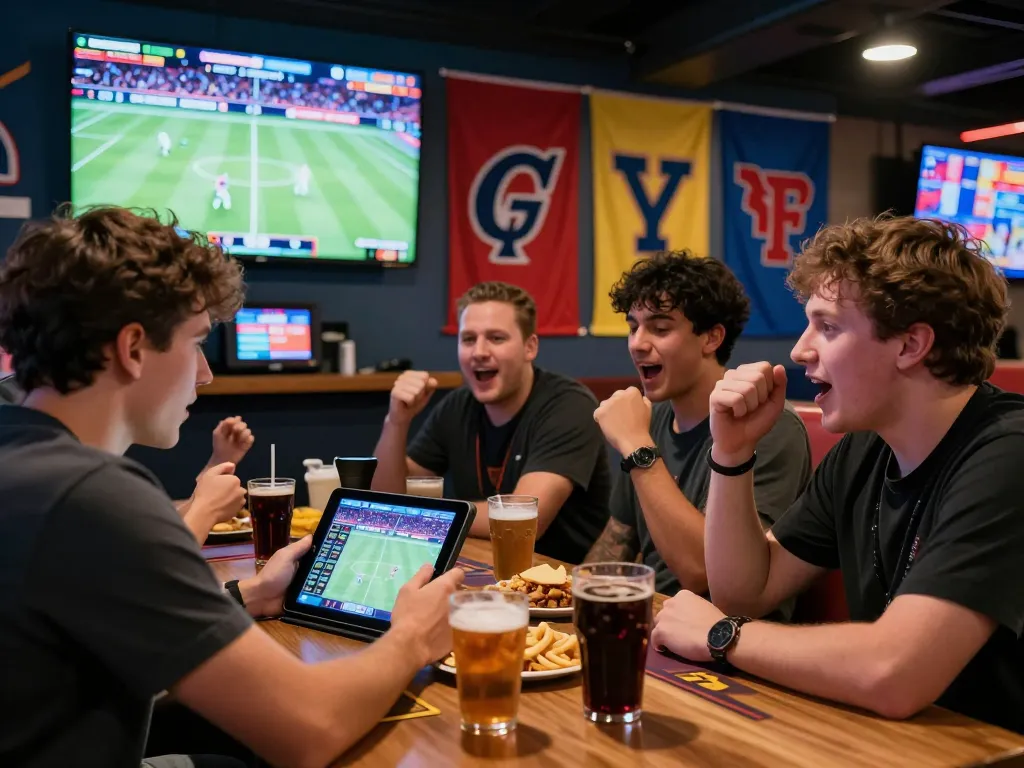 A lively sports betting lounge scene with friends engaged in zbet activities while cheering for their teams.