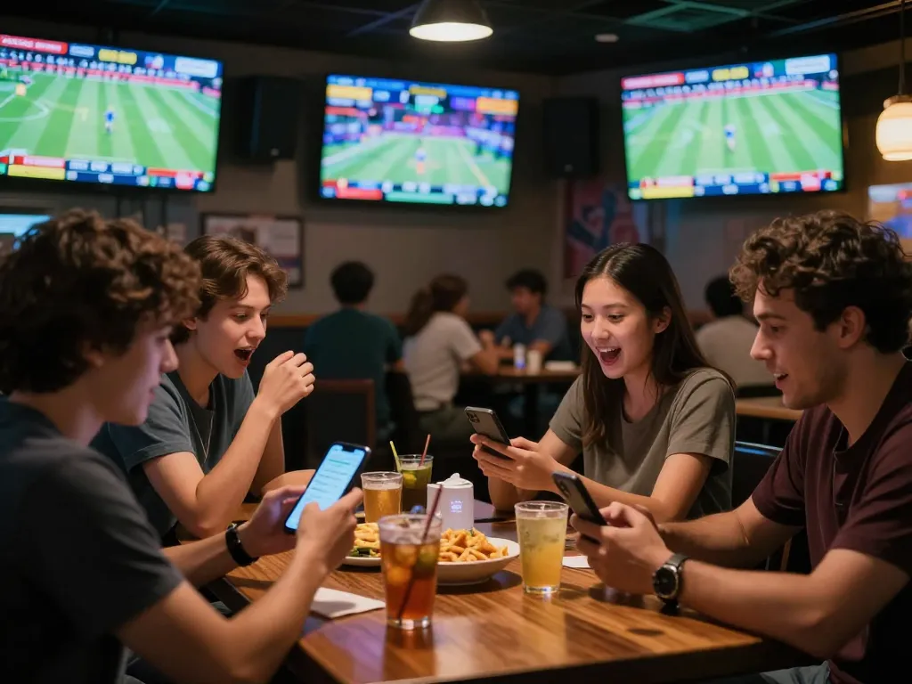 KP88 sports betting experience with vibrant atmosphere, patrons engaging in live sports events.