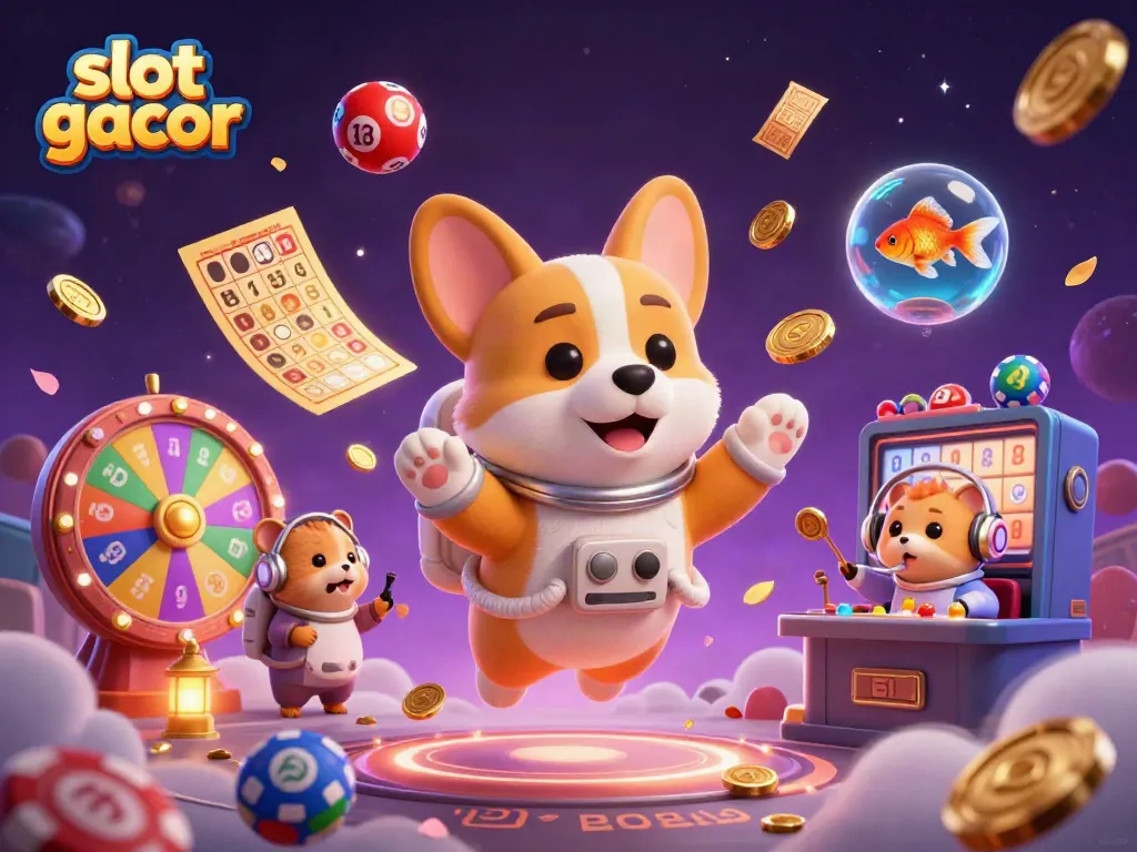 Envision the fun of slot gacor with a 3D cartoon scene featuring a corgi and friends in a space casino.