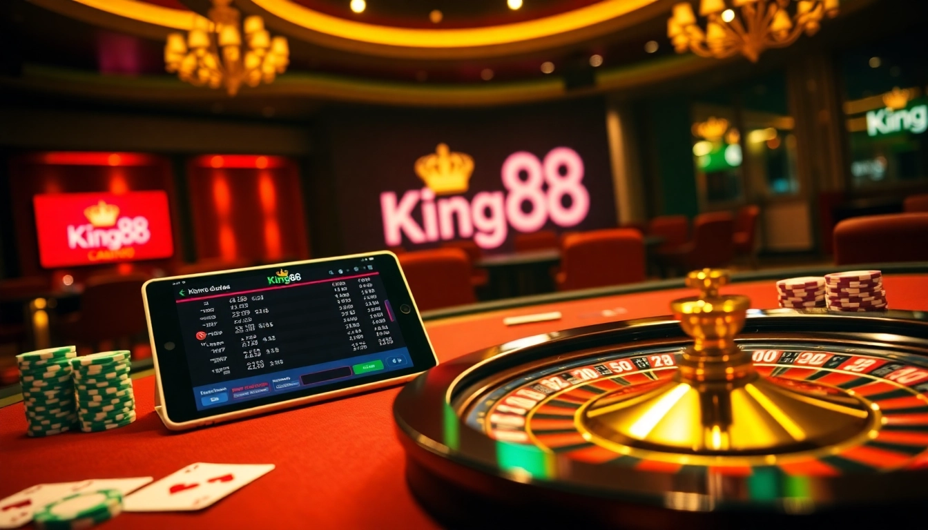 Experience King88 excitement with a vibrant casino scene featuring roulette, cards, and betting odds.