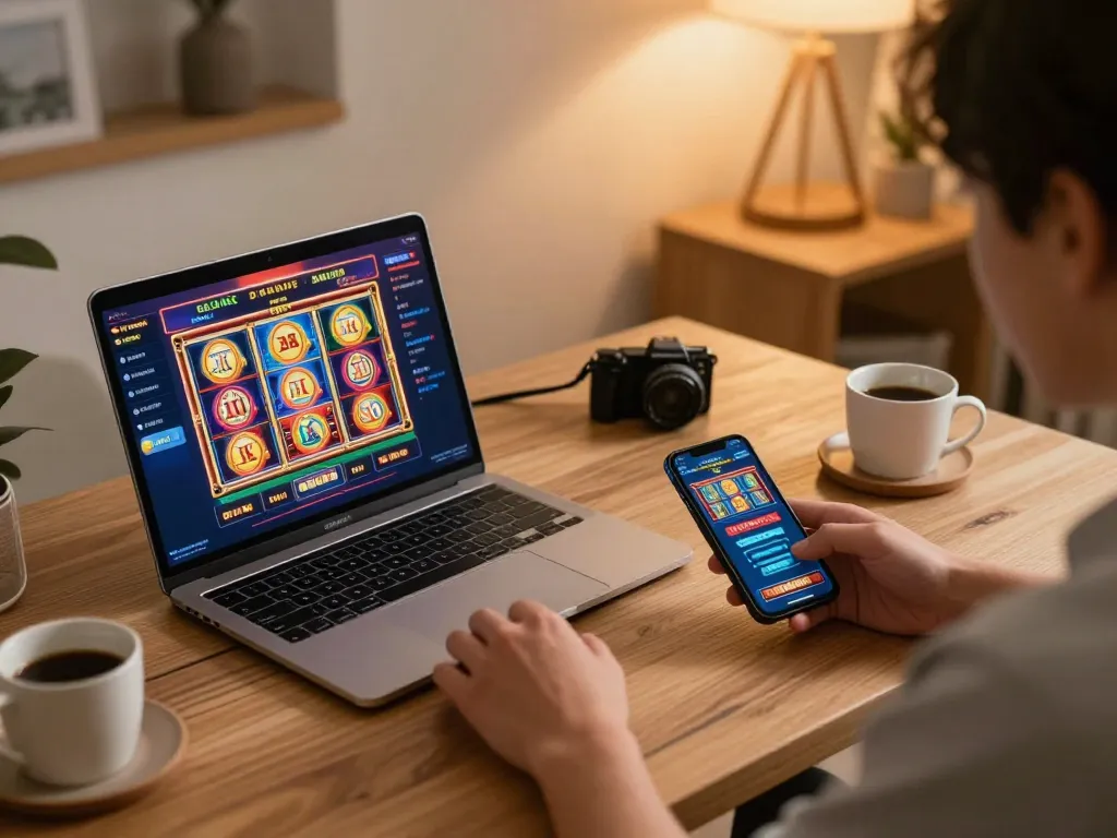Engaging in exciting online casino gaming at https://go8.dad/ with vibrant slot interface visible on laptop.