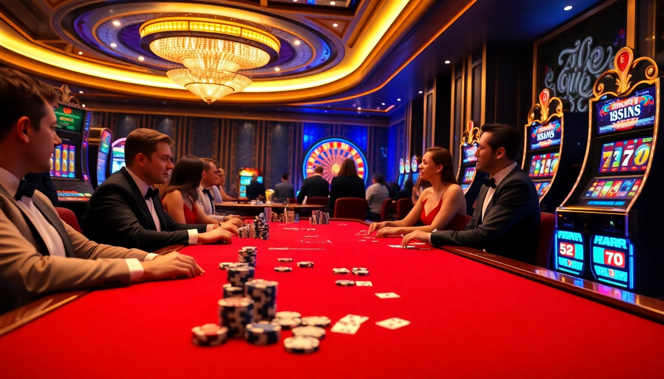 Players engaging with idnslot slot machines in a vibrant casino atmosphere filled with excitement.