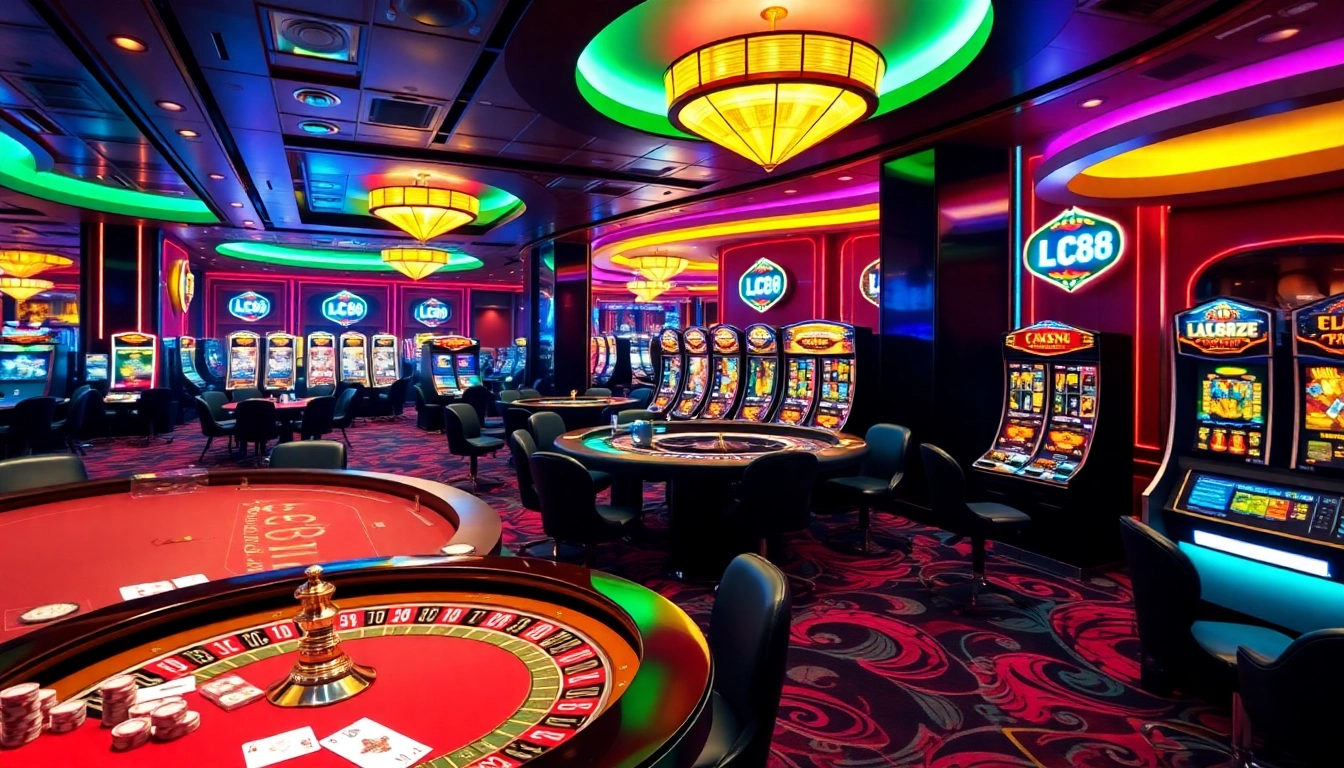 Experience the excitement of lc88.zip with vibrant casino scenes showcasing poker games and slot machines.