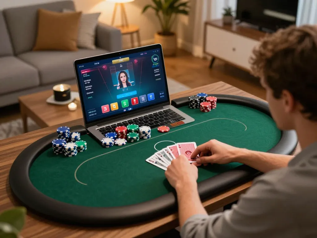 Engaging player strategizing bets on f8beta2 online poker game in a cozy home setting.
