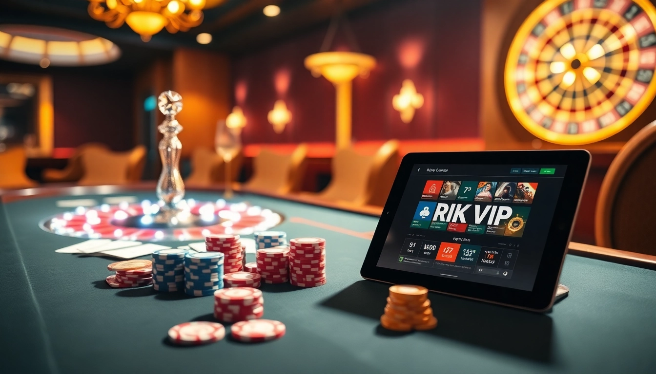 Engaging players at a Rikvip casino table with vibrant poker chips and exciting online gambling ambiance.