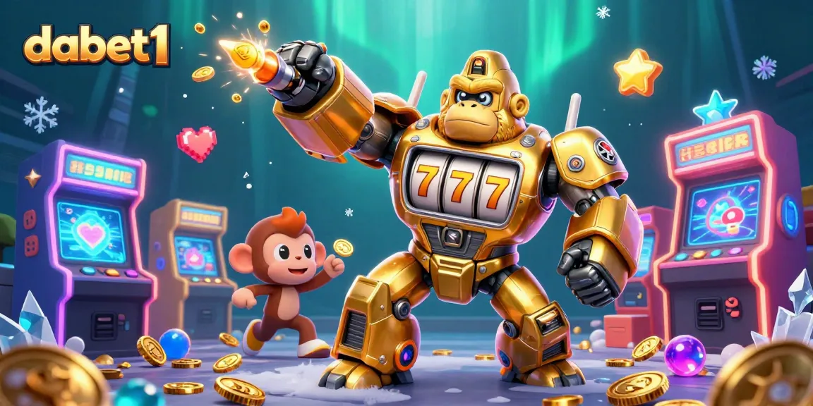 dabet1's golden gorilla mech bursts with coins in a vibrant, energetic casino scene.