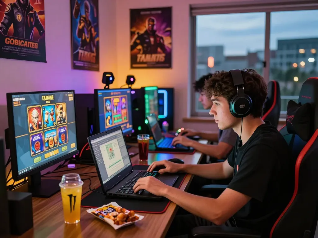 Ruang permainan online yang menarik menampilkan aksi slot gacor hari ini dengan LED yang cerah dan perlengkapan permainan.