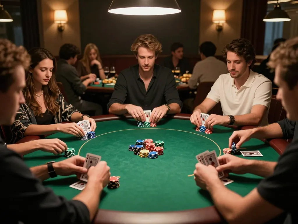 Poker players enjoy an intense game at a private gathering while exploring 45678 strategies.