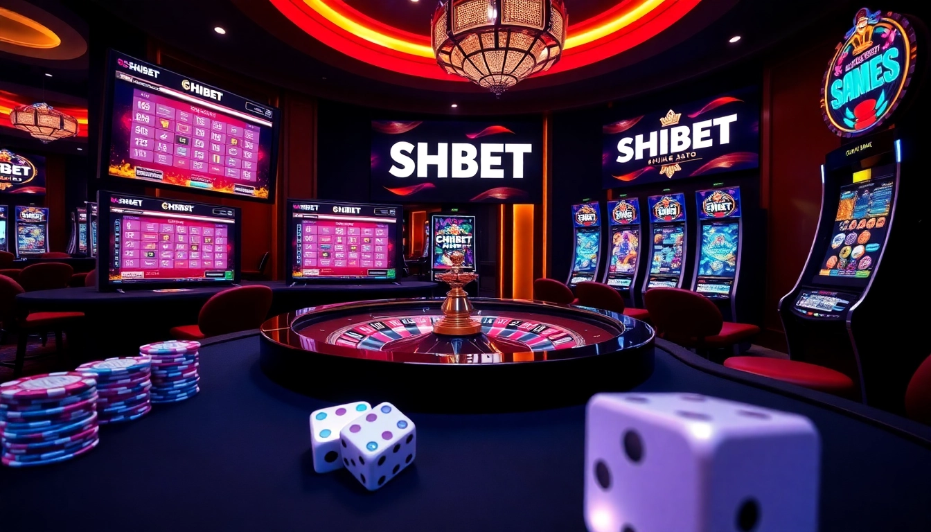 Casino interface featuring SHBET platform with vibrant slot machines and poker chips.