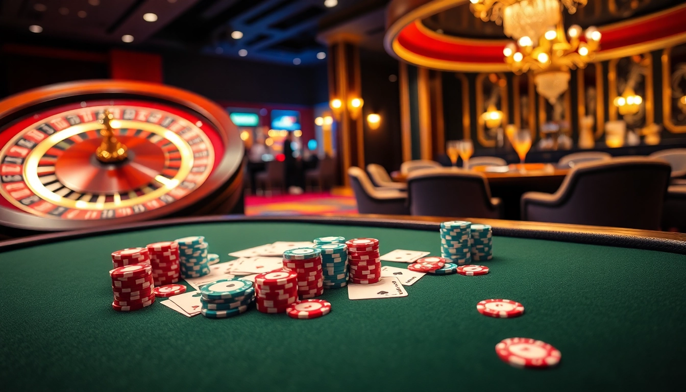 Engaging casino environment showcasing NK88-themed poker table, roulette wheel, and vibrant gaming ambiance.