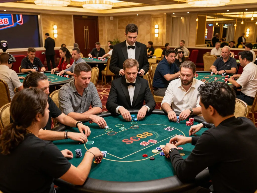 SC88 players engaging at a poker table, demonstrating strategic gameplay in a vibrant casino atmosphere.