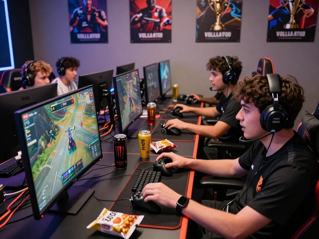 A vibrant gaming scene showcasing players on trang chủ gg88 engaged in esports activities with dynamic lighting and accessories.