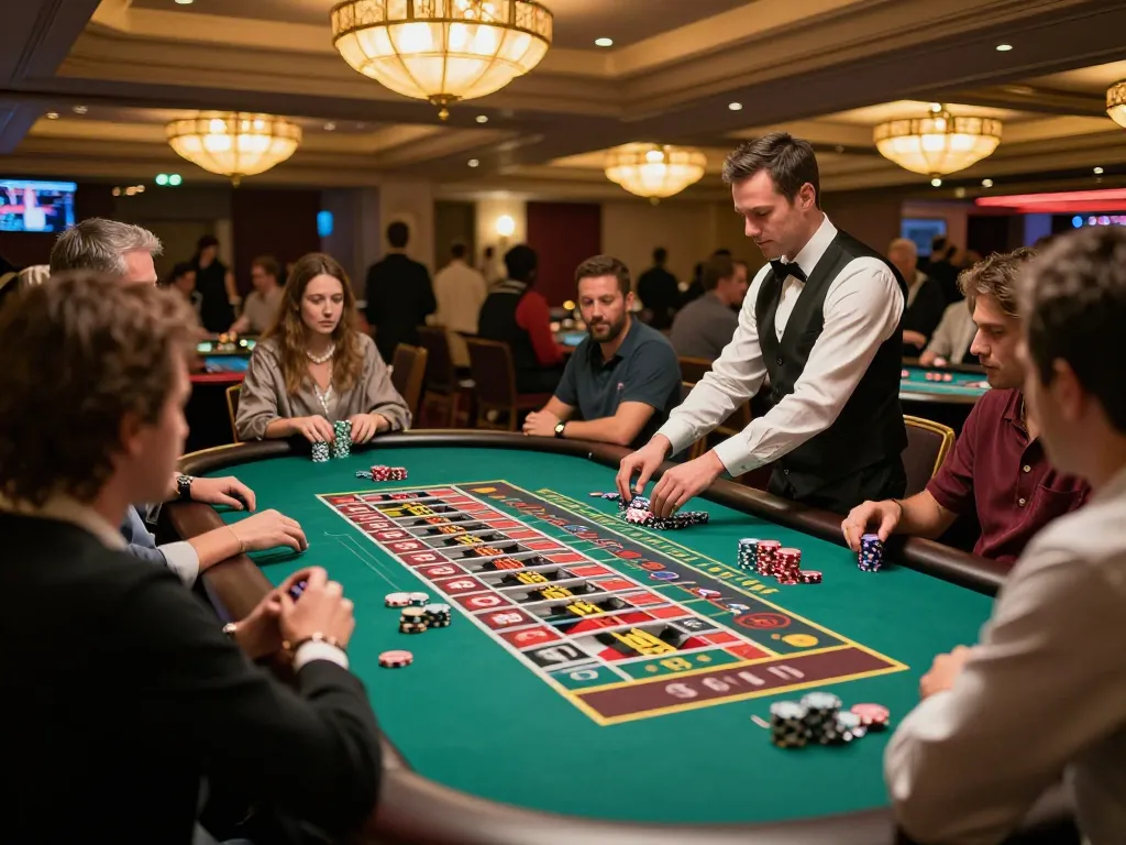 Players testing their luck at 8live roulette table with colorful chips and dynamic atmosphere.
