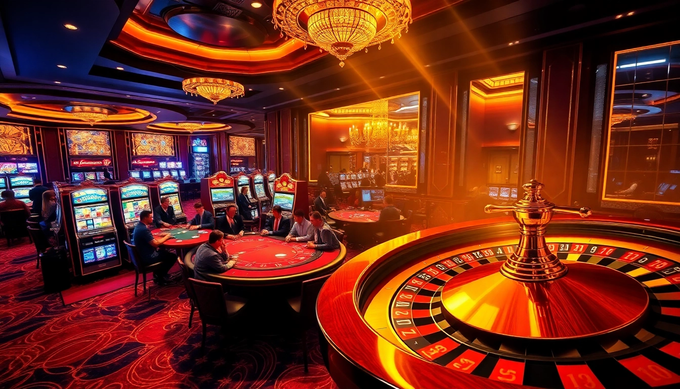 BEM88 players enjoying an exciting poker game at a luxurious casino table with vibrant slot machines.