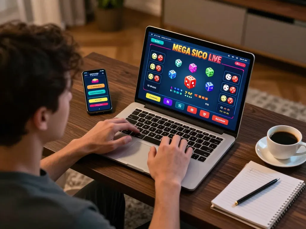 Mega Sicbo gameplay on a laptop showcasing exciting betting strategies in a cozy home environment.
