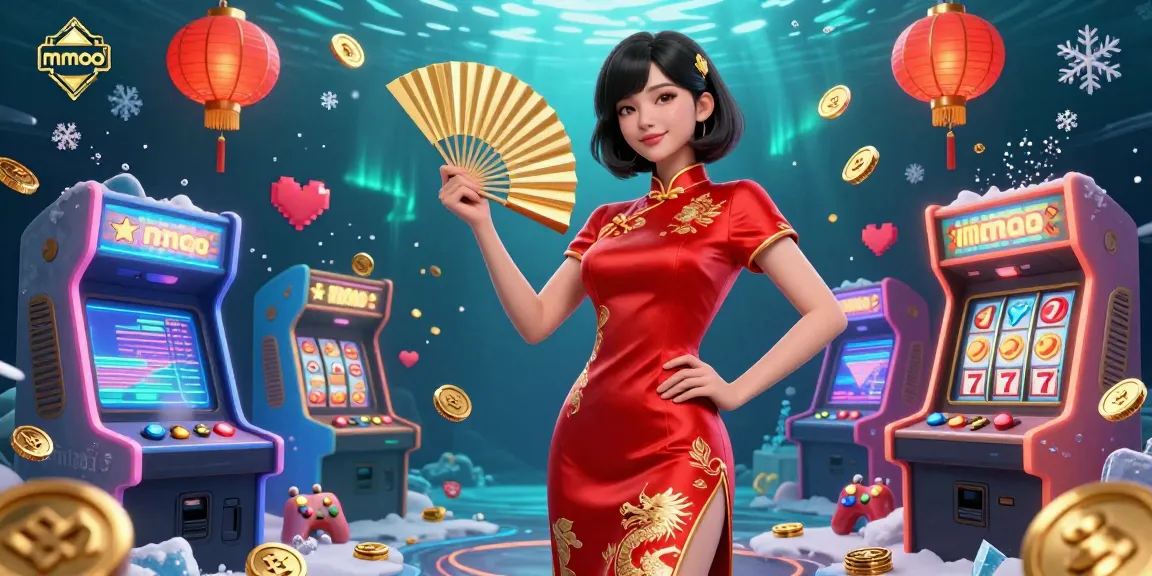 Experience thrilling games at mmoo with vibrant visuals of a confident woman and exciting arcade elements.