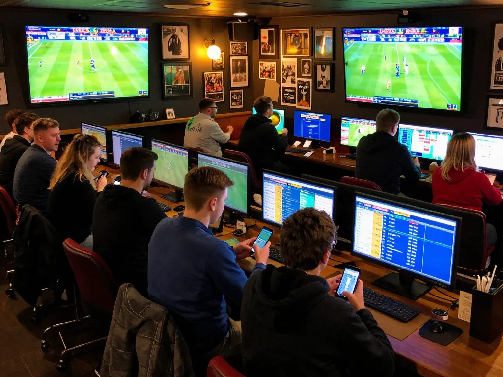 Fans placing bets for soi kèo Chelsea in an exciting sports bar environment with live match displays.