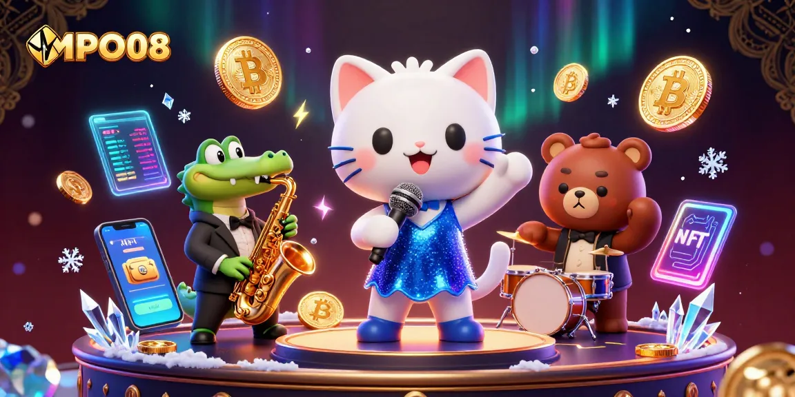 MPO08 showcases an immersive casino scene with cartoon characters highlighting crypto-themed gambling elements.
