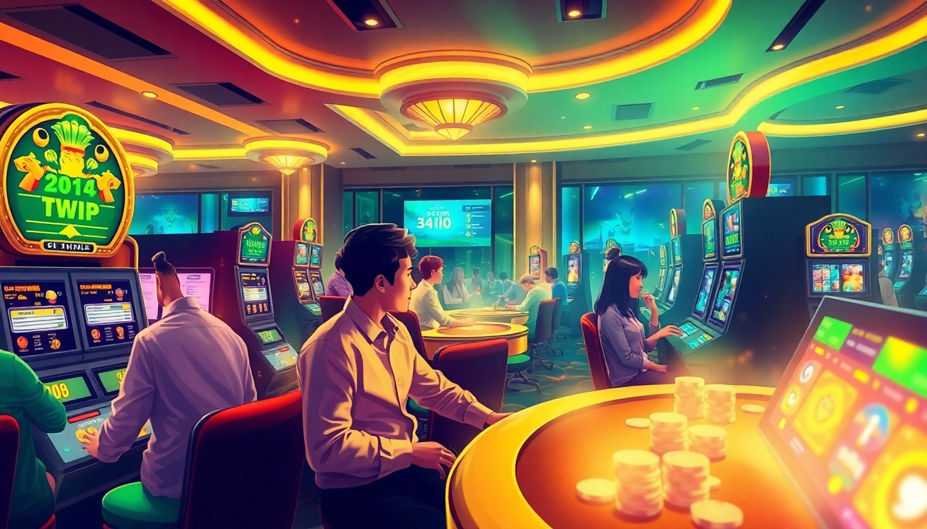 Nhatvip online gambling experience with players enjoying poker and slot machines in a vibrant virtual casino.