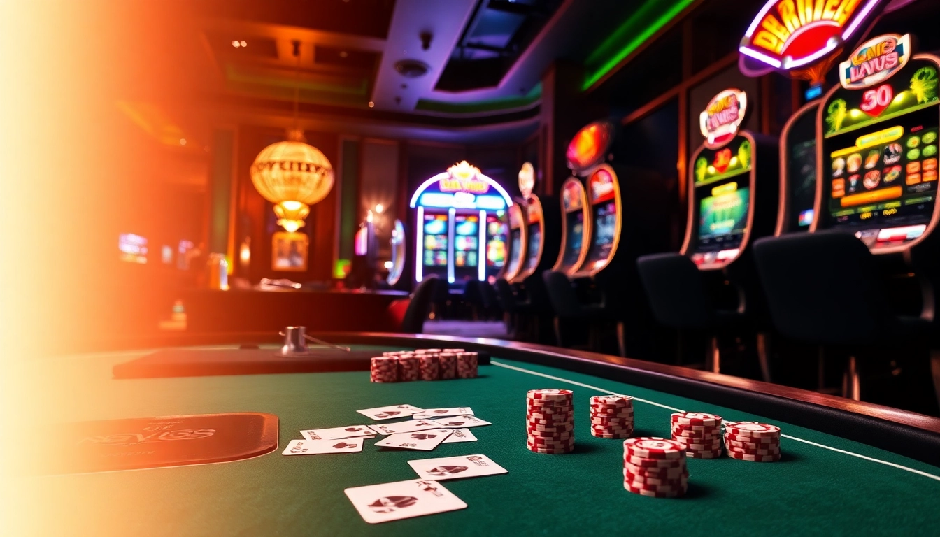 Join the excitement at new88's glamorous casino with poker chips and roulette wheels.