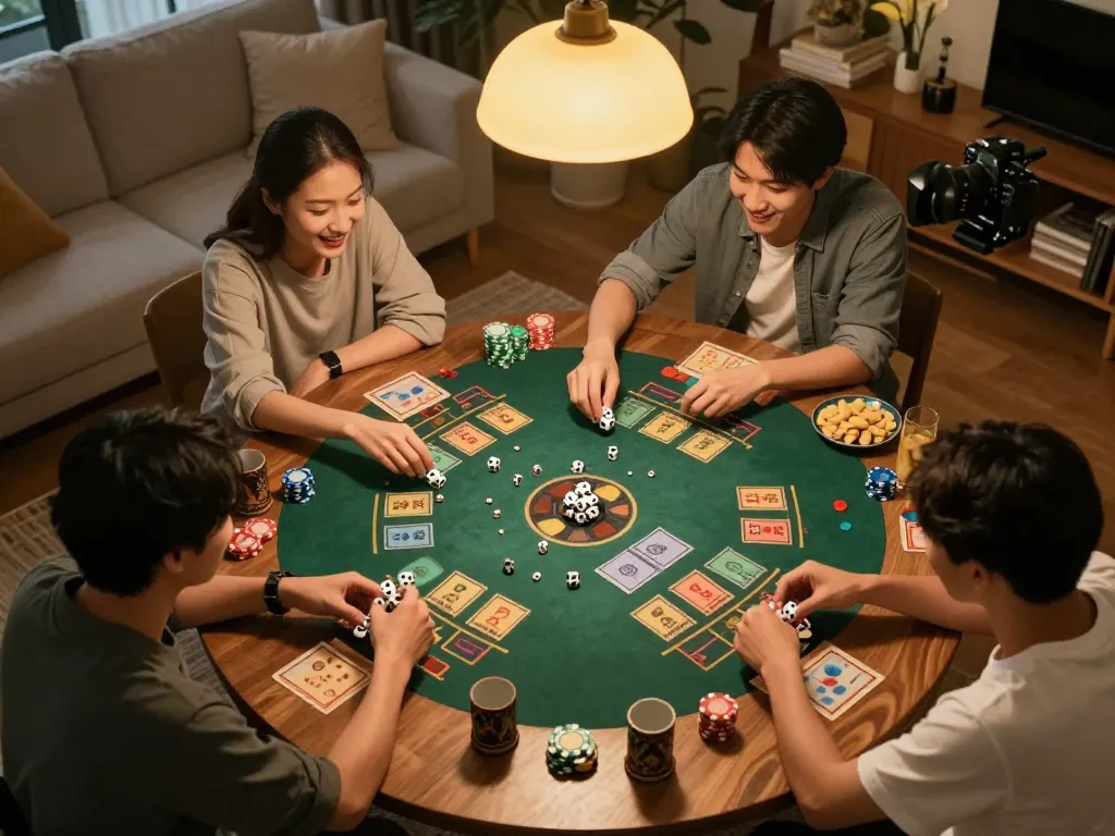 Tài Xỉu players engaged in a lively home game night, showcasing dice rolling excitement.