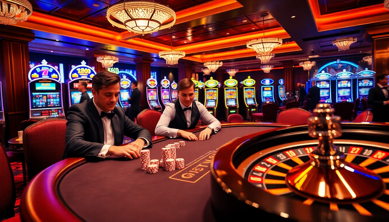 K88 logo decorates a vibrant casino scene featuring live poker, roulette, and engaged players.